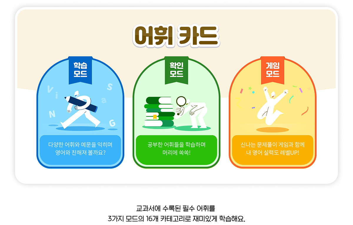 교과서 수록된 필수 어휘를 3가지 모드의 16개 카테고리로 재미있게 학습해요.